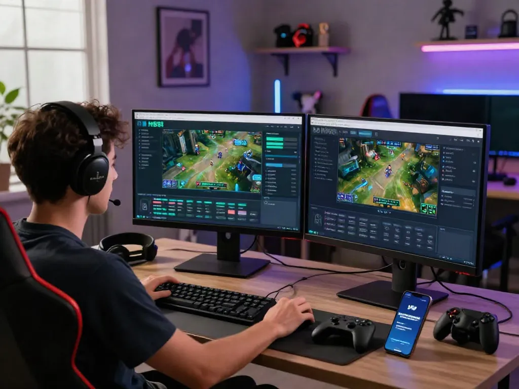M88 Login alternatif screen displayed on dual monitors in a vibrant gaming room, showcasing an engaging online gaming experience.