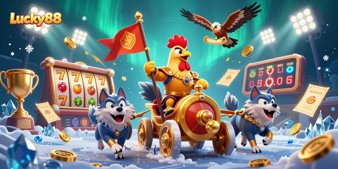 Engage with the Lucky88 slot machine excitement featuring a rooster warlord and golden elements.