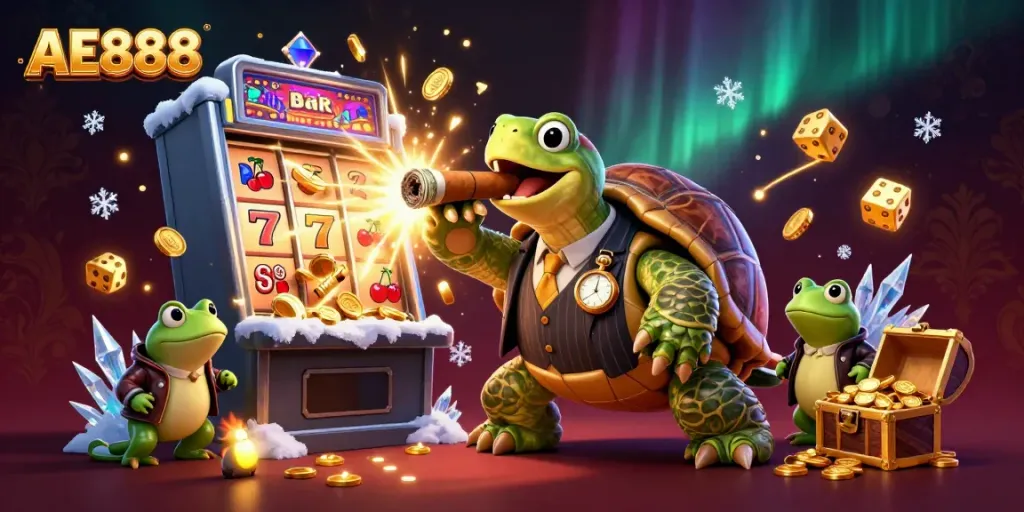 Experience excitement at AE888 with a vibrant casino scene featuring charters and jackpot elements.