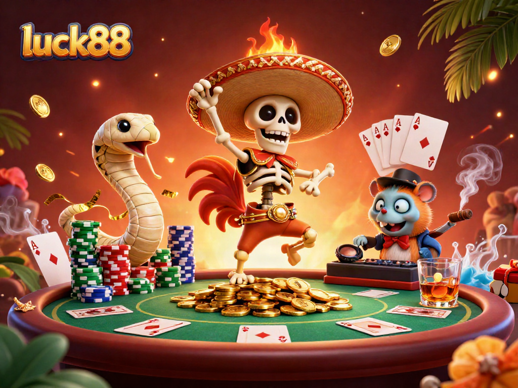 Experience the thrill of luck88 while enjoying a vibrant casino scene with poker and gold treasures.