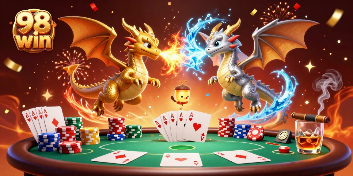 Join the 98 win excitement at the casino with a vibrant scene of golden and silver dragons, poker chips, and festive elements.