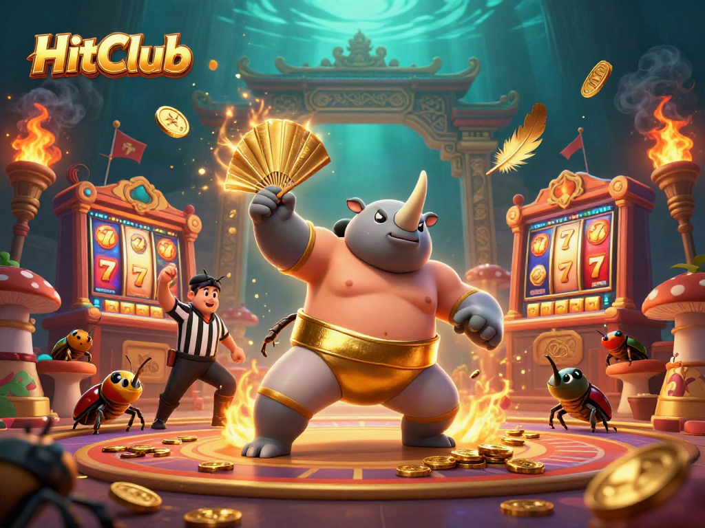Join the action at HitClub, where a sumo beetle champion celebrates wins with scattered coins and vibrant slot reels.