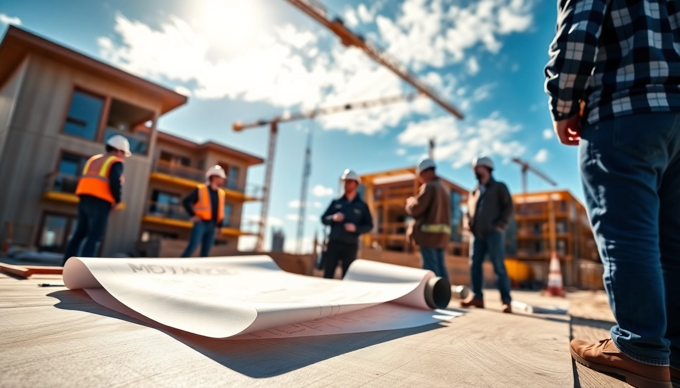 New Jersey General Contractor managing a busy construction site with workers and blueprints.