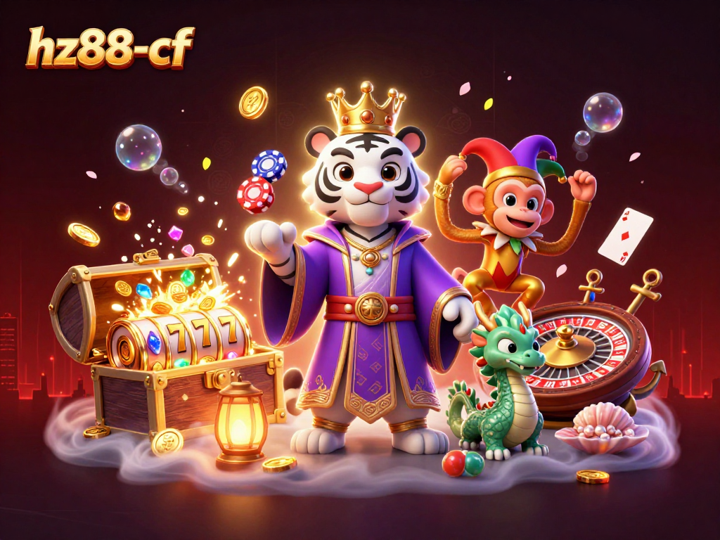 Engage with the vibrant world of hz88-cf showcasing a royal tiger, monkey juggling chips, and dragon amidst gaming elements.