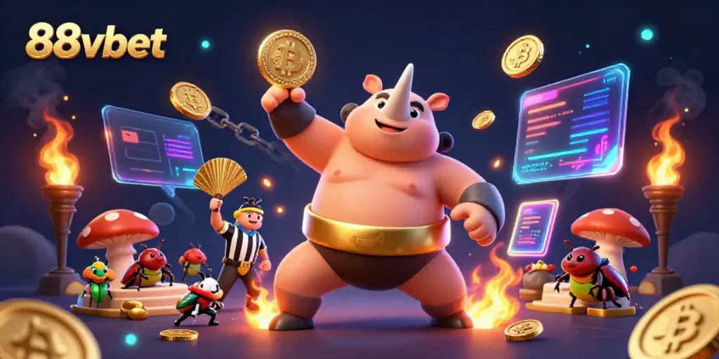 Experience thrilling gameplay with 88vbet's exciting cartoon characters featuring a sumo beetle and crypto elements.