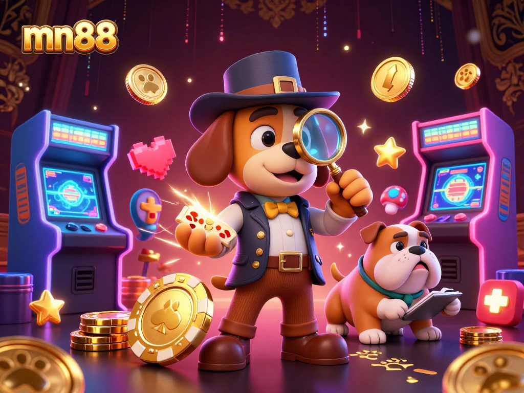Engage with mn88's thrilling gaming experience as a detective uncovers poker chip treasures in a vibrant casino
