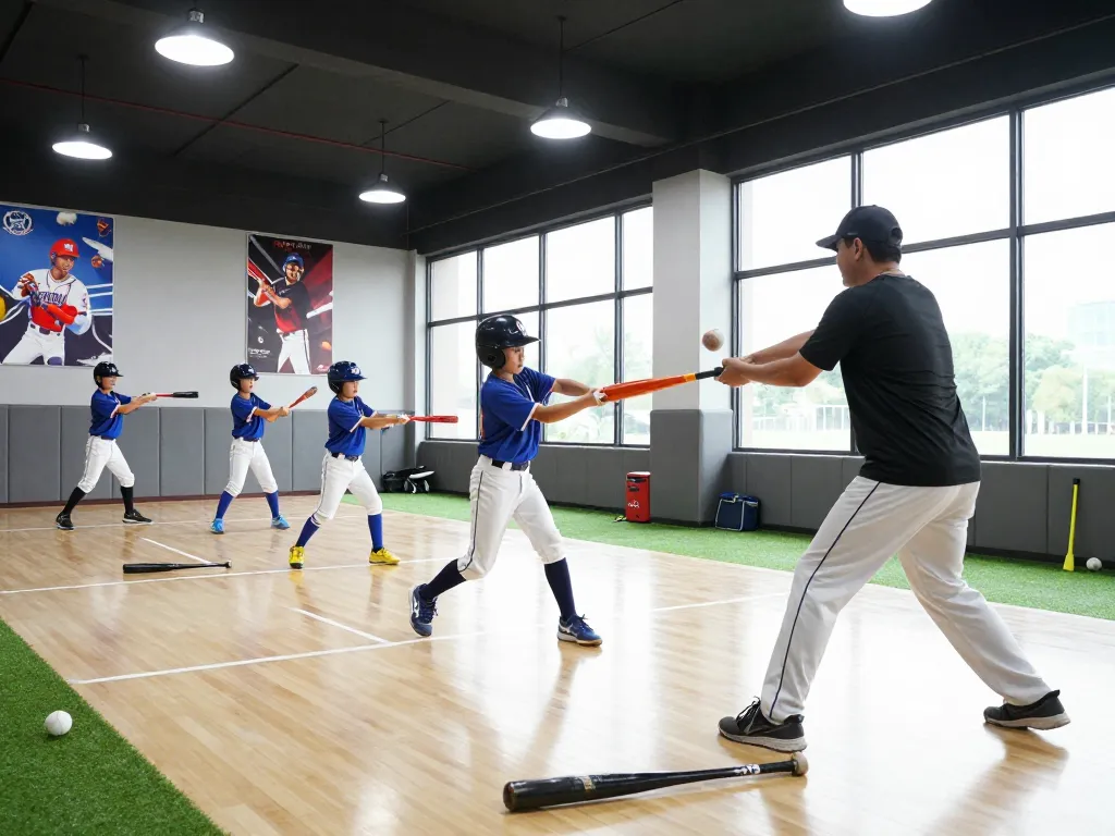 A vibrant training session at hitclub baseball facility, featuring young athletes honing their batting skills under bright lights.
