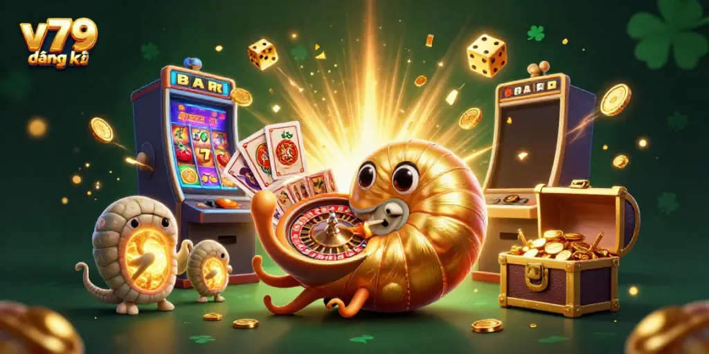 Experience excitement with v79 đăng ký as you engage with a vibrant casino scene featuring an ancient nautilus and jackpot elements.