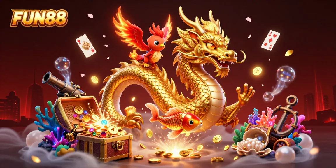 Experience thrilling gameplay at FUN88 with a golden dragon, phoenix, and koi fish amidst coins.