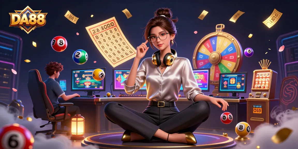 Engage in thrilling gameplay with DA88, witnessing colorful lottery setups in a vibrant casino scene.