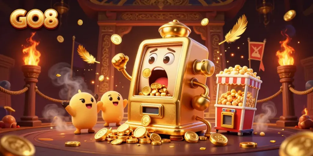 Experience the GO8 slot machine hitting a jackpot, surrounded by cheering mini machines and golden tokens.
