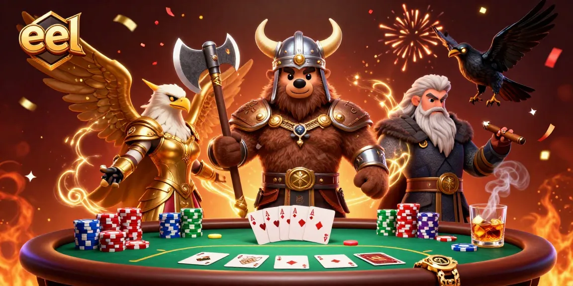 Engage with thrilling poker action at eel's vibrant casino scene with Viking characters.