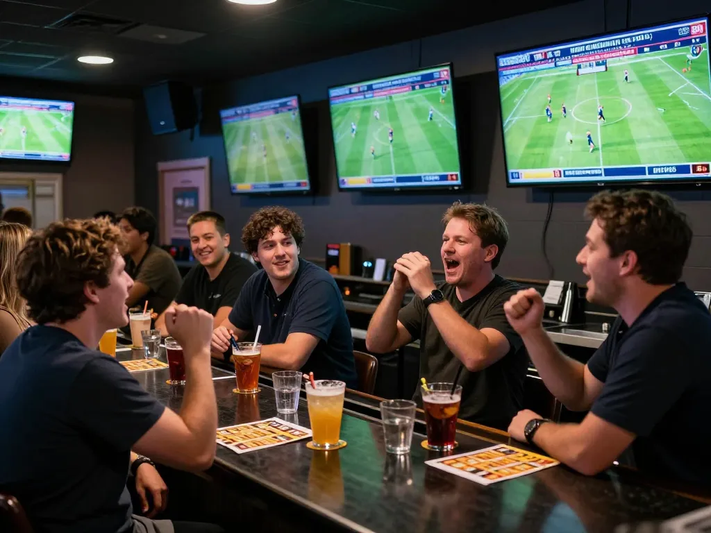 KQBD sports fans celebrating live football bets at a vibrant sports bar atmosphere