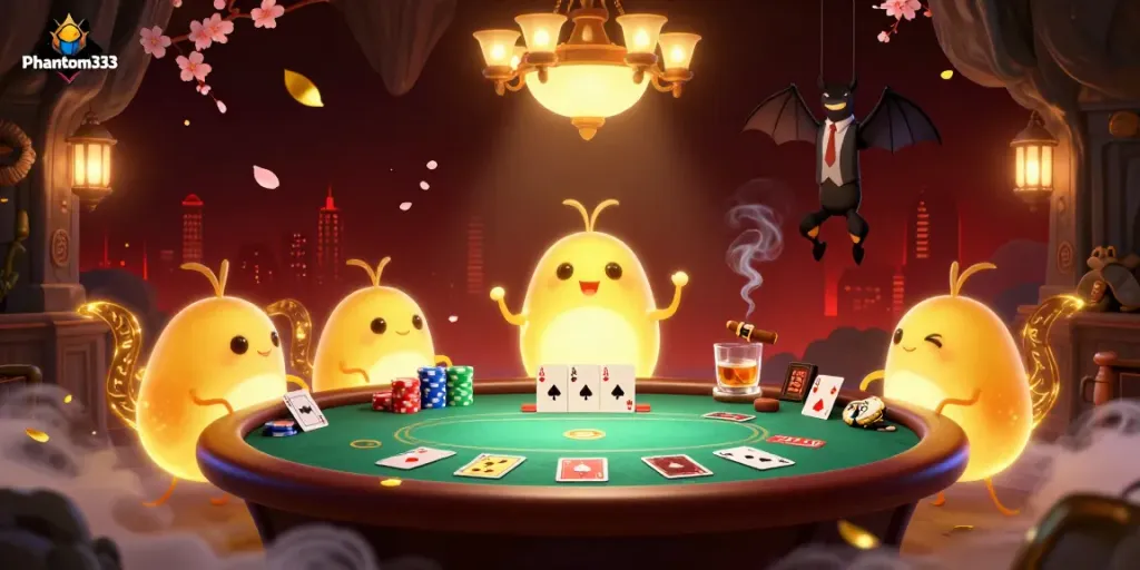 Engage in thrilling gameplay at Phantom333 with this vibrant casino scene illuminated by glowworms.