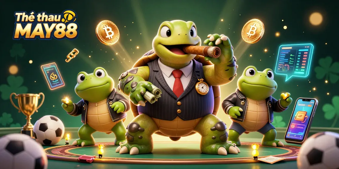 Engage in Thể thao MAY88 sports betting with dynamic casino-themed illustration featuring a turtle in a mobster suit.
