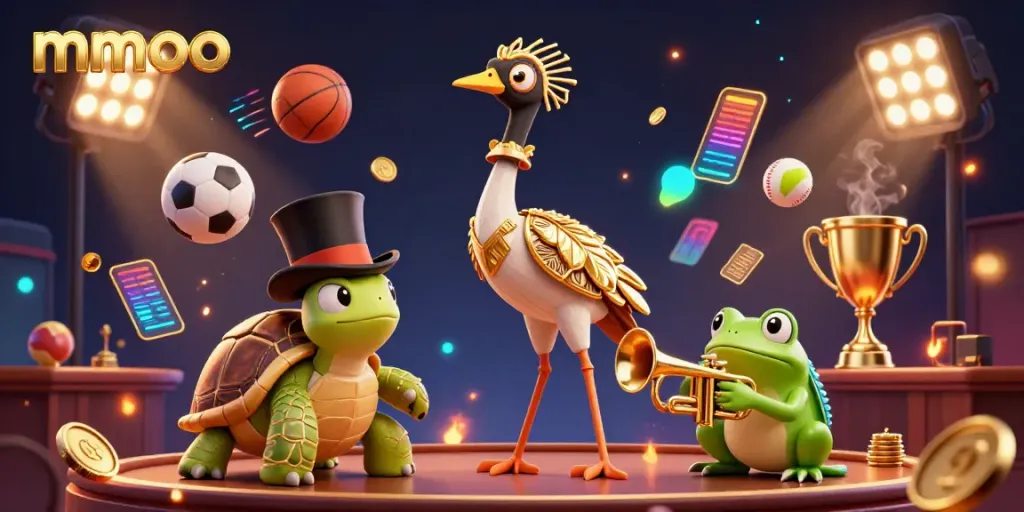 Engage with the lively atmosphere of mmoo's casino scene featuring a flapper crane, turtle, and trumpet-playing frog in dynamic action.