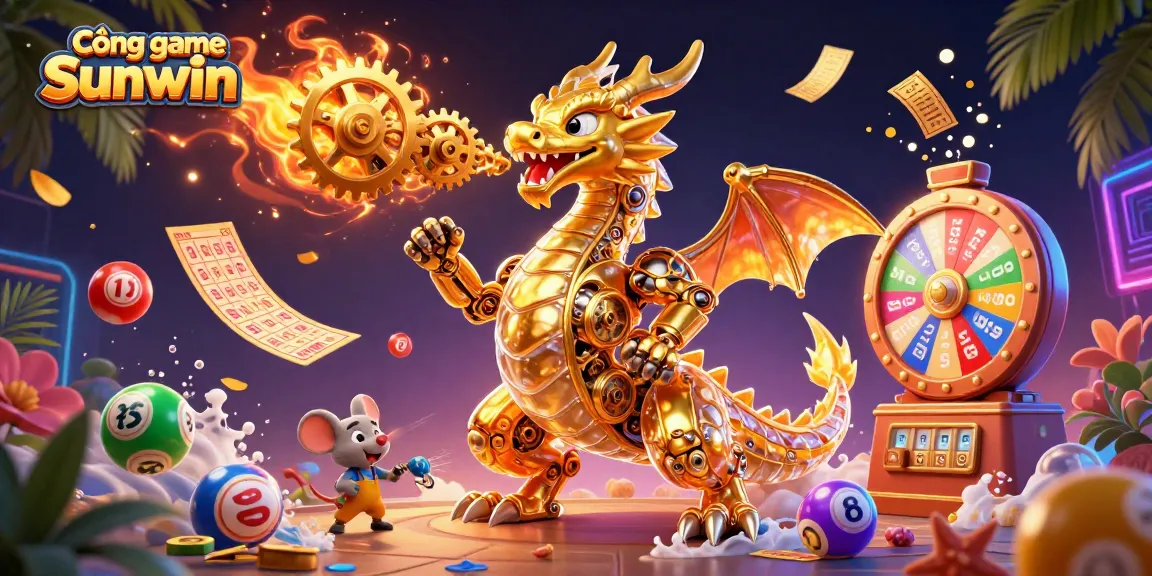 Experience the thrilling Cổng game Sunwin with vibrant lottery elements and a mechanical dragon, captivating your imagination.