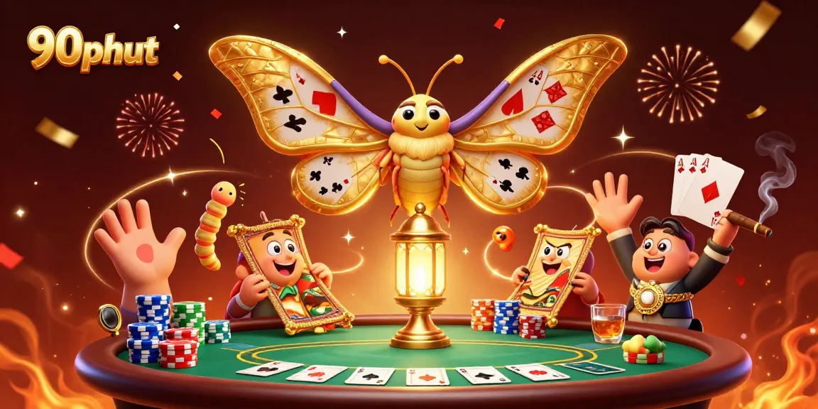 90phut showcases a 3D moth character with golden card suits amid dynamic casino scenes.