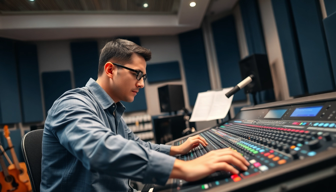 A skilled engineer engaged in online audio mastering in a modern studio, adjusting sound levels on a console.