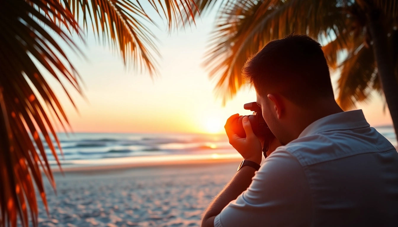 Destination photographer capturing a beautiful sunset on a beach with vibrant colors.