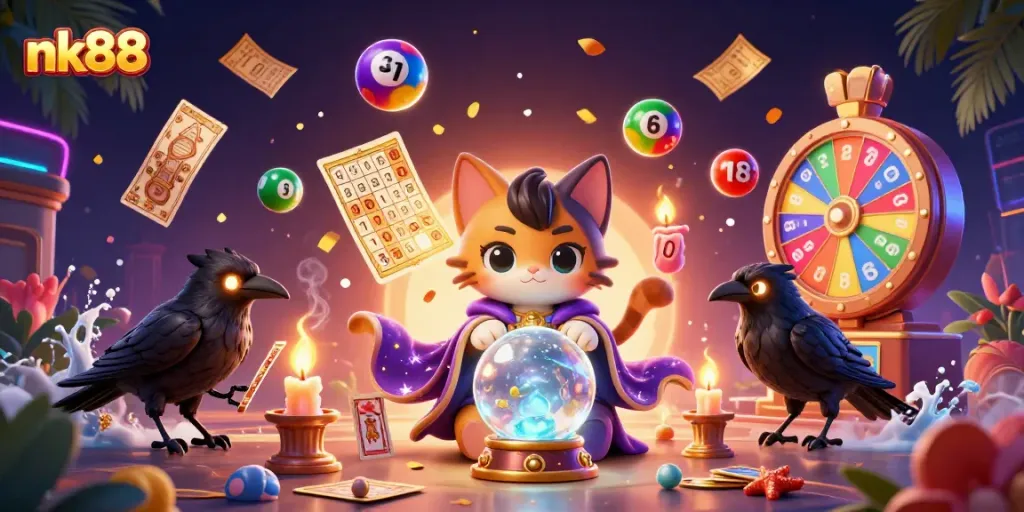 Play exciting games at nk88 with colorful lottery balls, a mystical cat, and glowing candles for a thrilling experience.