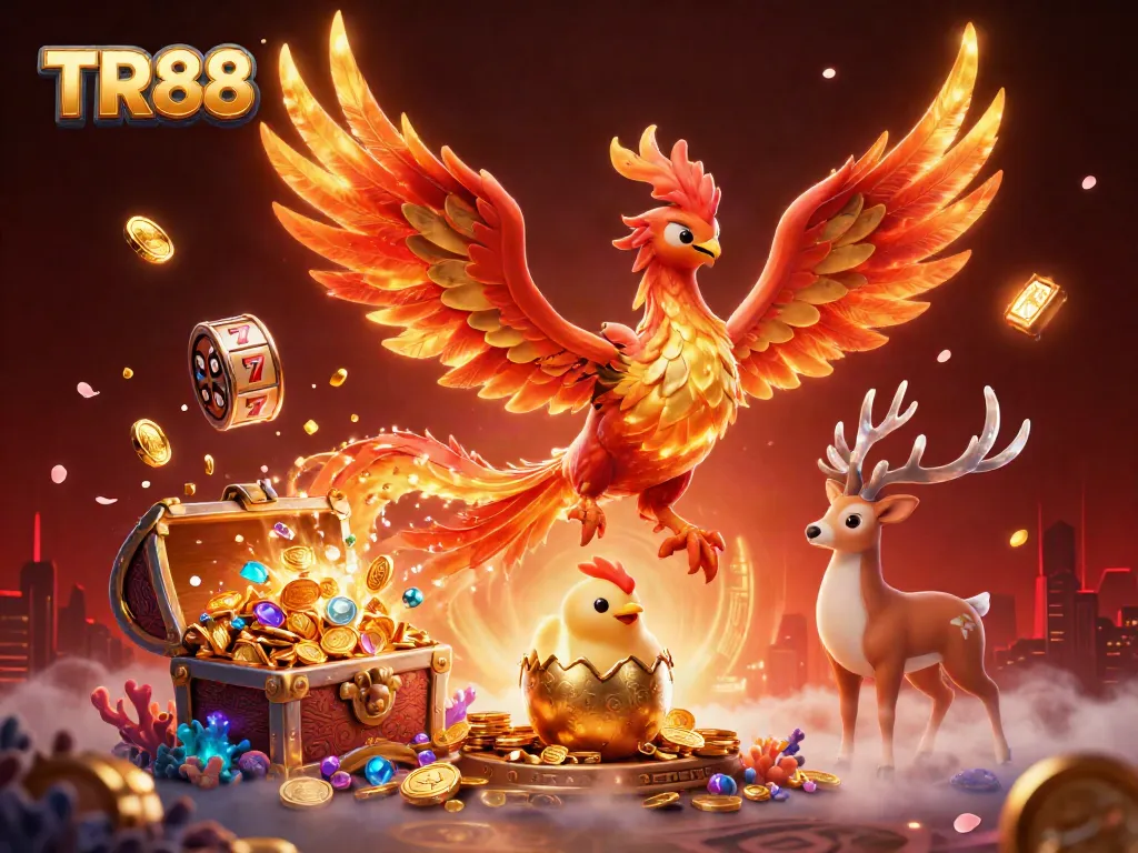 Engage with TR88 as a phoenix rises, surrounded by riches and slot game elements, in vibrant casino art.