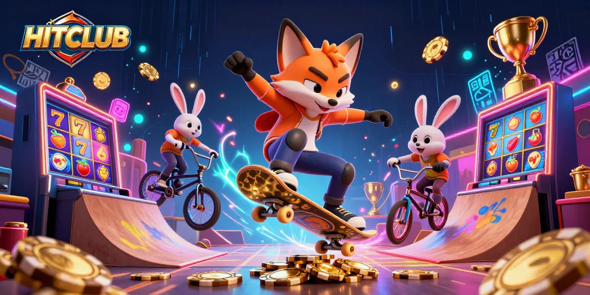 Experience HITCLUB's vibrant atmosphere as cartoon foxes engage in dynamic casino activities.
