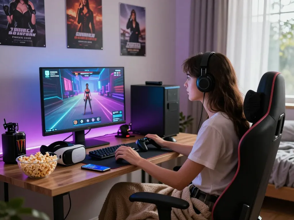 Woman enjoying sex games on a modern gaming setup in a cozy bedroom.