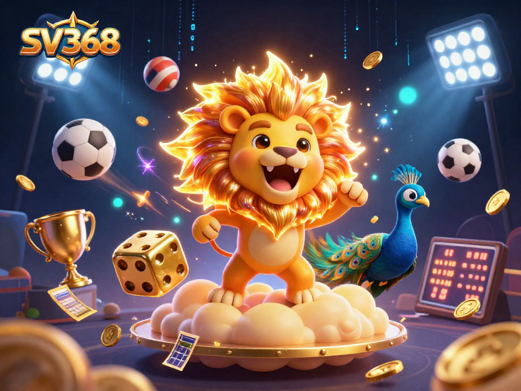 SV368 promotes thrilling sports betting with animated lion and sports elements in vivid 3D.