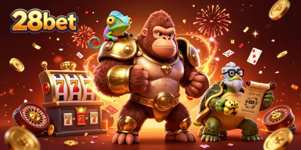 Join the exciting casino action with 28bet, featuring vibrant characters and classic gambling elements.