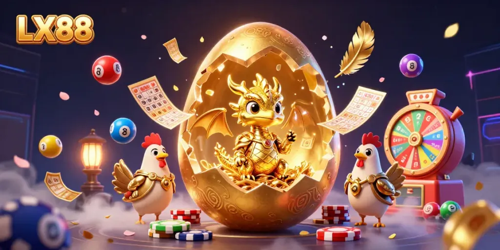 Experience the excitement of LX88 with a golden dragon and poker chips in a dynamic casino-themed illustration.