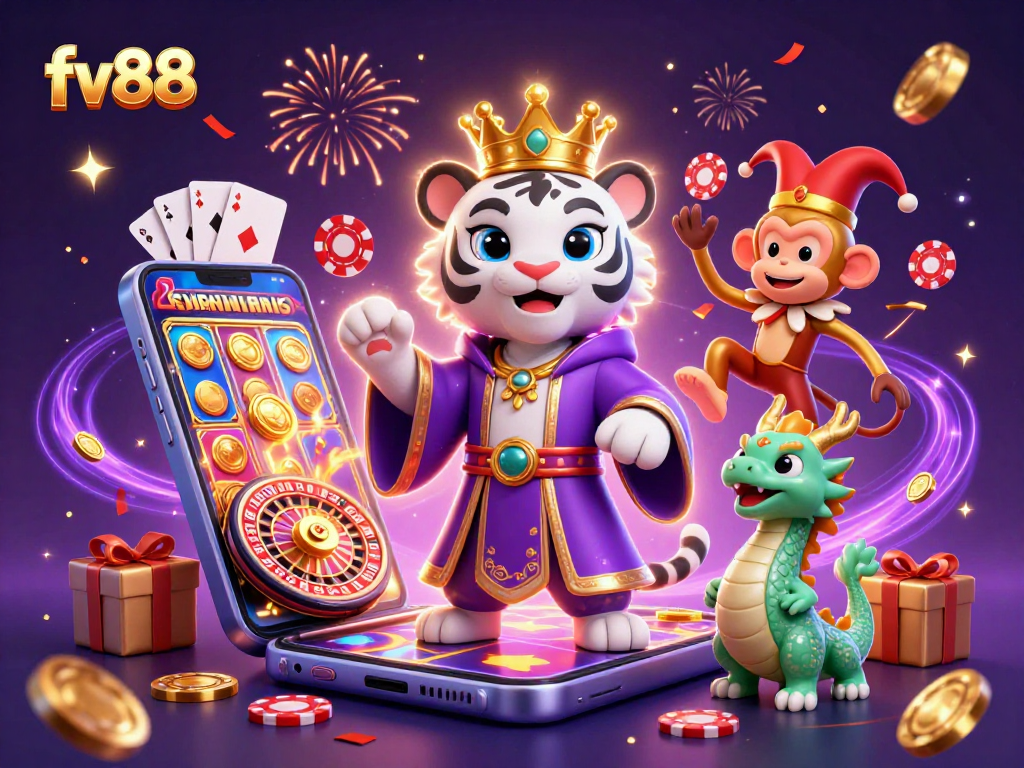 Experience thrilling gaming excitement at fv88 with the vibrant illustration of a royal tiger, playful monkey, and jade dragon.
