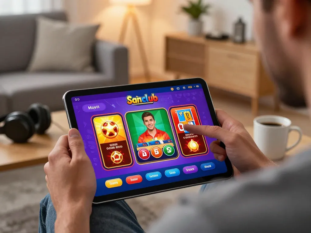 Engaging gameplay on the Sanclub app showing poker options in a cozy home setting