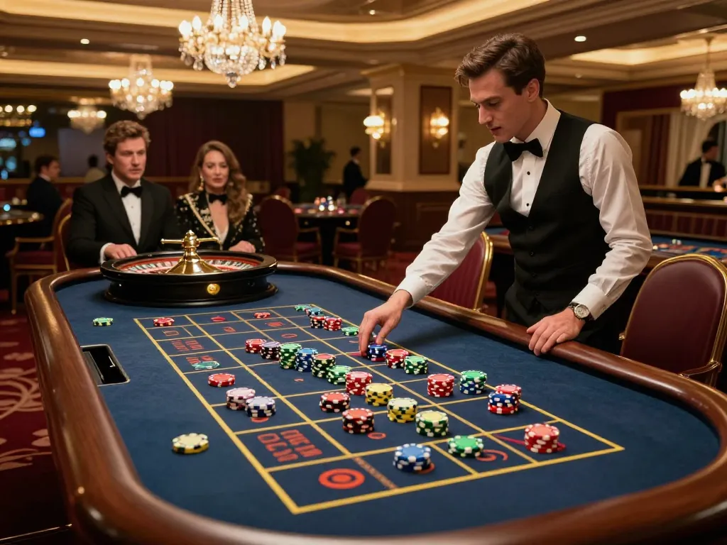 Experience the excitement at ONE88's luxurious roulette table with vibrant chips and players engaged.