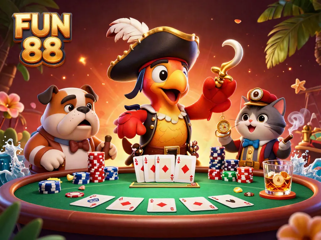 Engage with FUN 88 at an exciting poker scene with vibrant characters and dynamic casino elements.