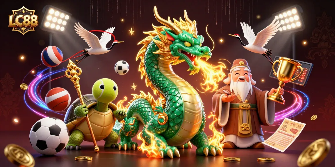 Experience thrilling gaming at LC88 with an emerald dragon, wise turtle, and lucky cranes amidst vibrant action.