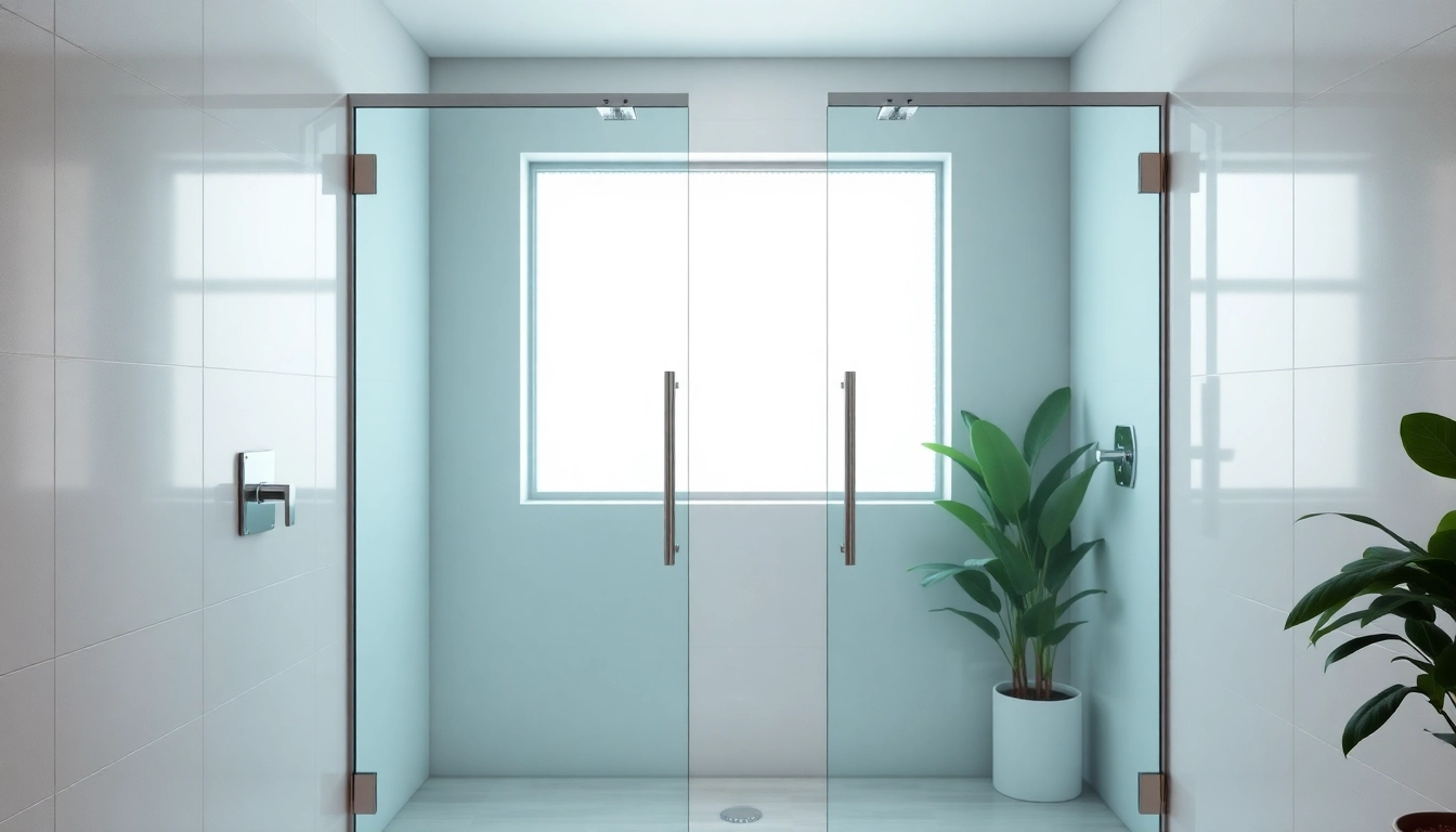 Showcase glass shower doors in a stylish bathroom with natural light.
