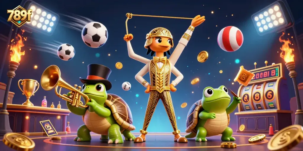 Engage in thrilling gameplay with 789f's dynamic casino scene featuring vibrant characters and game elements.