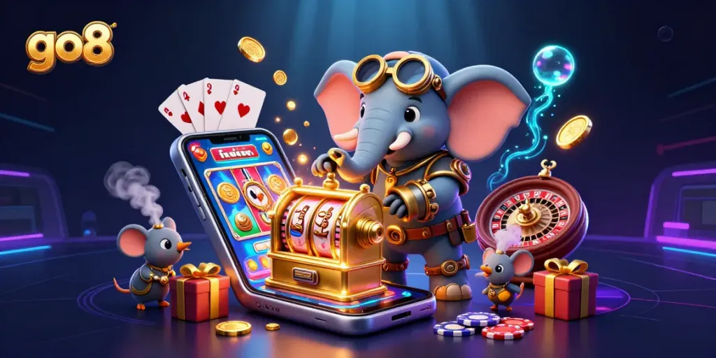 Engage with the exciting go8 slot machine adventure featuring a steampunk elephant and vibrant casino elements.