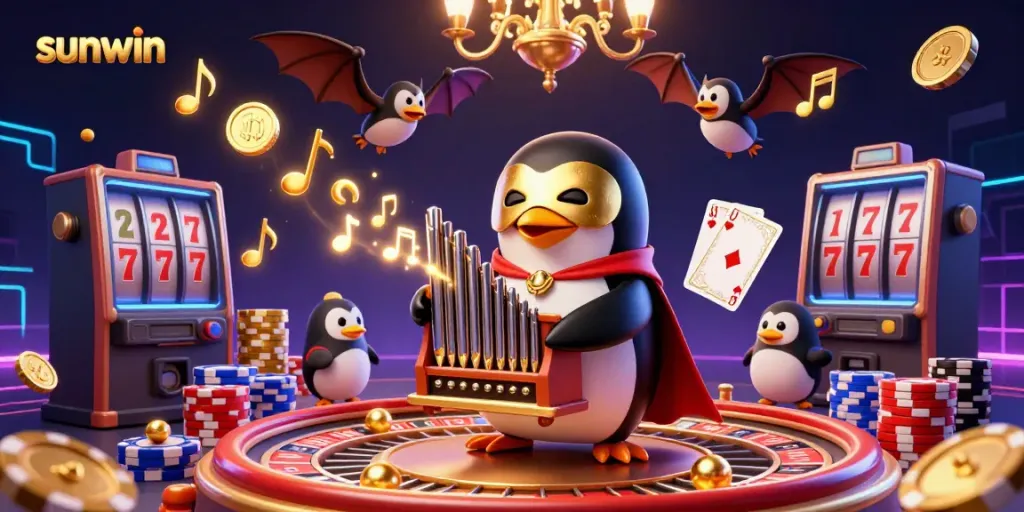 Experience thrilling wins at Sunwin with a dazzling 3D casino scene featuring a playful penguin, roulette, and golden coins.