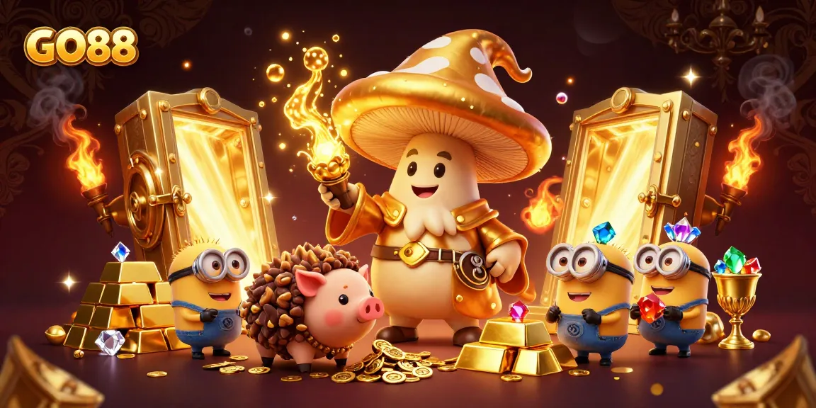 Experience the magic of GO88 with a golden wizard and treasure-filled fantasy.