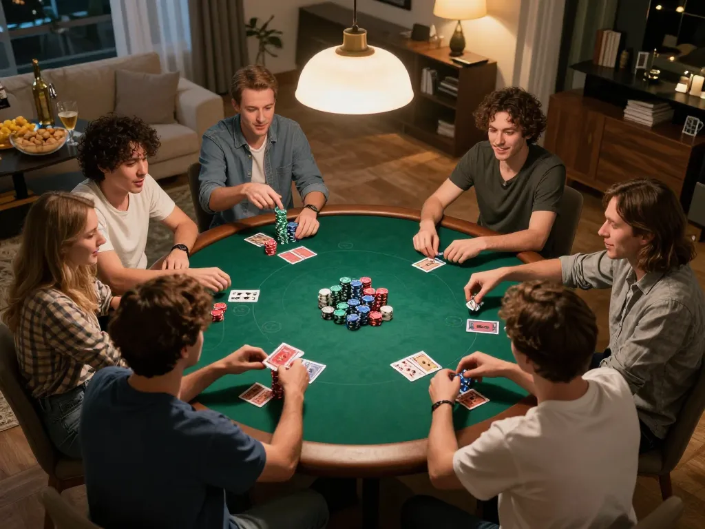Friends playing poker at home, emphasizing engagement with nhà cái HM88 for thrilling gameplay.
