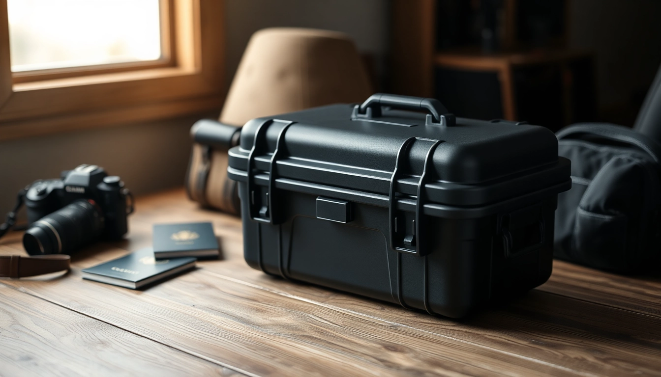 Hard case showcased among travel essentials on a dark wooden table.