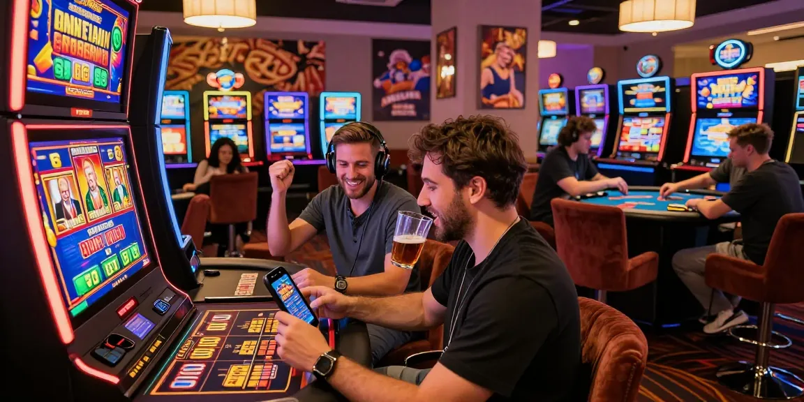 Credit card casinos vibrant scene featuring excited players at various gaming stations, celebrating wins, and reviewing bonuses.