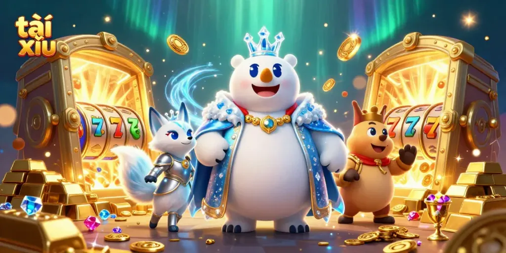 Tài xỉu game features 3D cartoon characters surrounded by slot reels and golden treasures, showcasing gameplay excitement.