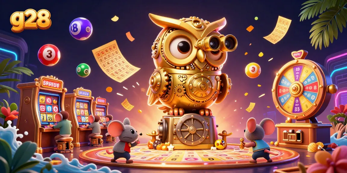 Experience the g28 casino thrill with a 3D illustration featuring a golden owl and lively game elements.