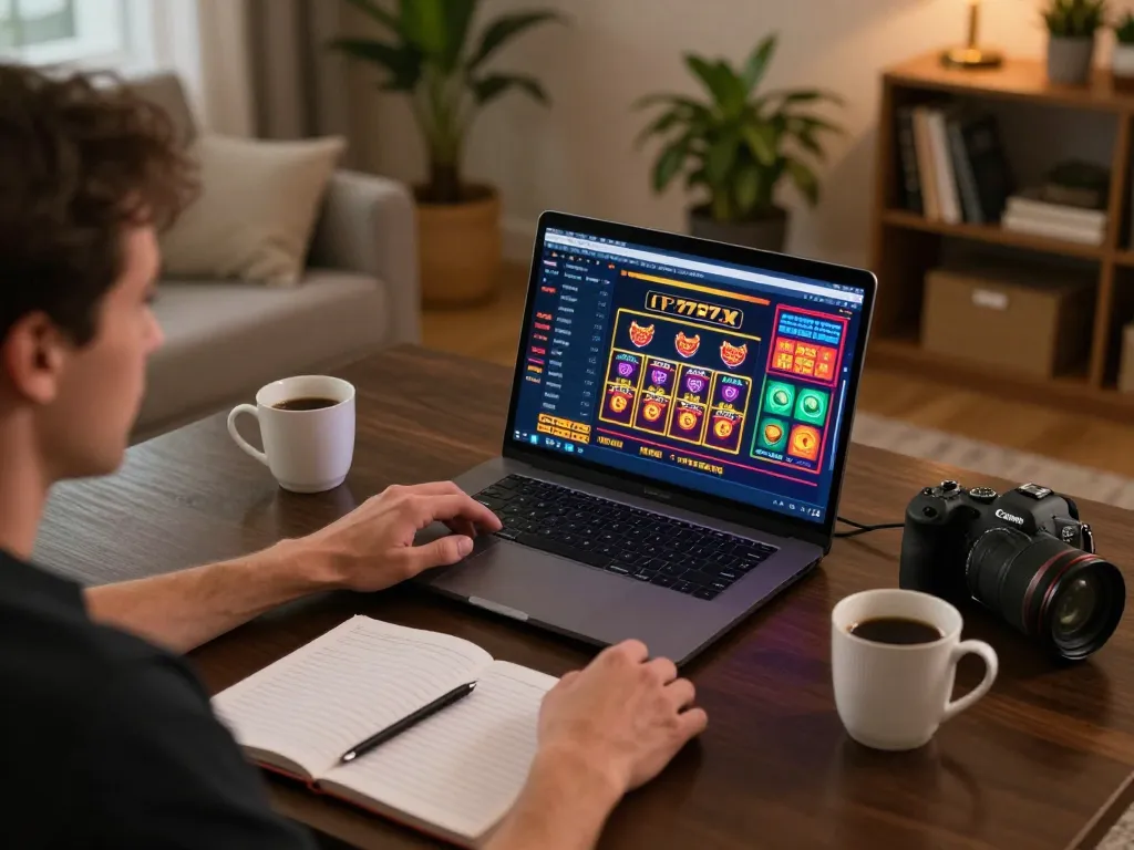 Player enjoying games at the 777x online casino, laptop showing vibrant interface and strategy notes.