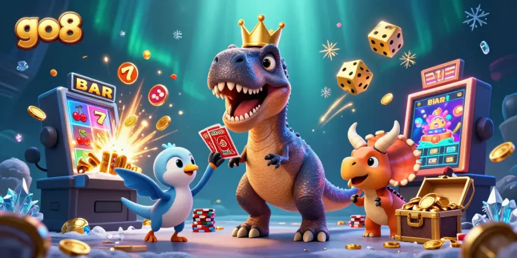Experience vibrant casino fun with go8, featuring a T-Rex and friends in a dynamic gaming scene!
