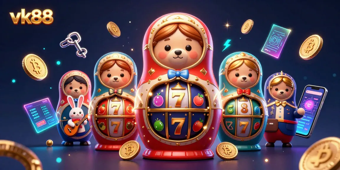 Engage with vk88's vibrant online casino, showcasing an intricate 3D illustration featuring Russian Matryoshka bears and crypto elements.