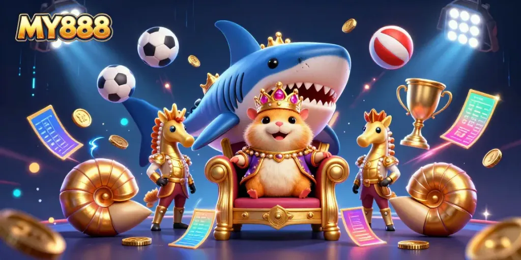 MY888 engages players with an immersive 3D cartoon casino scene featuring a hamster king and sports elements.